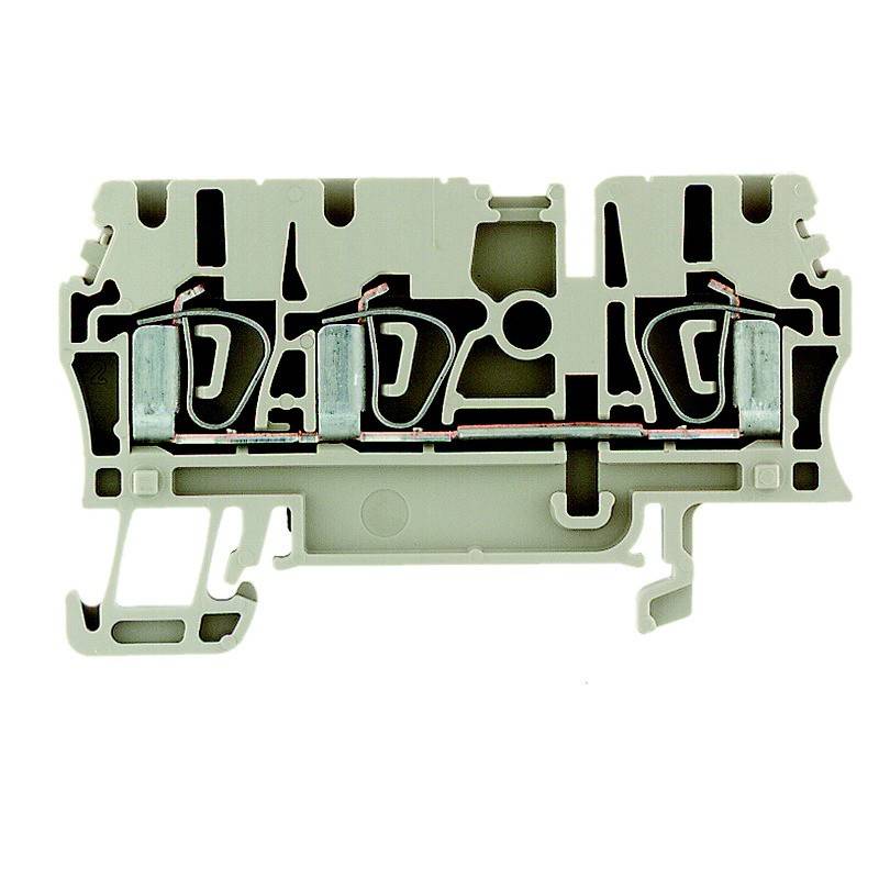 Nahaufnahme eines zweistufigen Klemmenblocks, der seine interne Struktur mit Metallkontakten, Gehäuse und Anschlusspunkten zeigt.