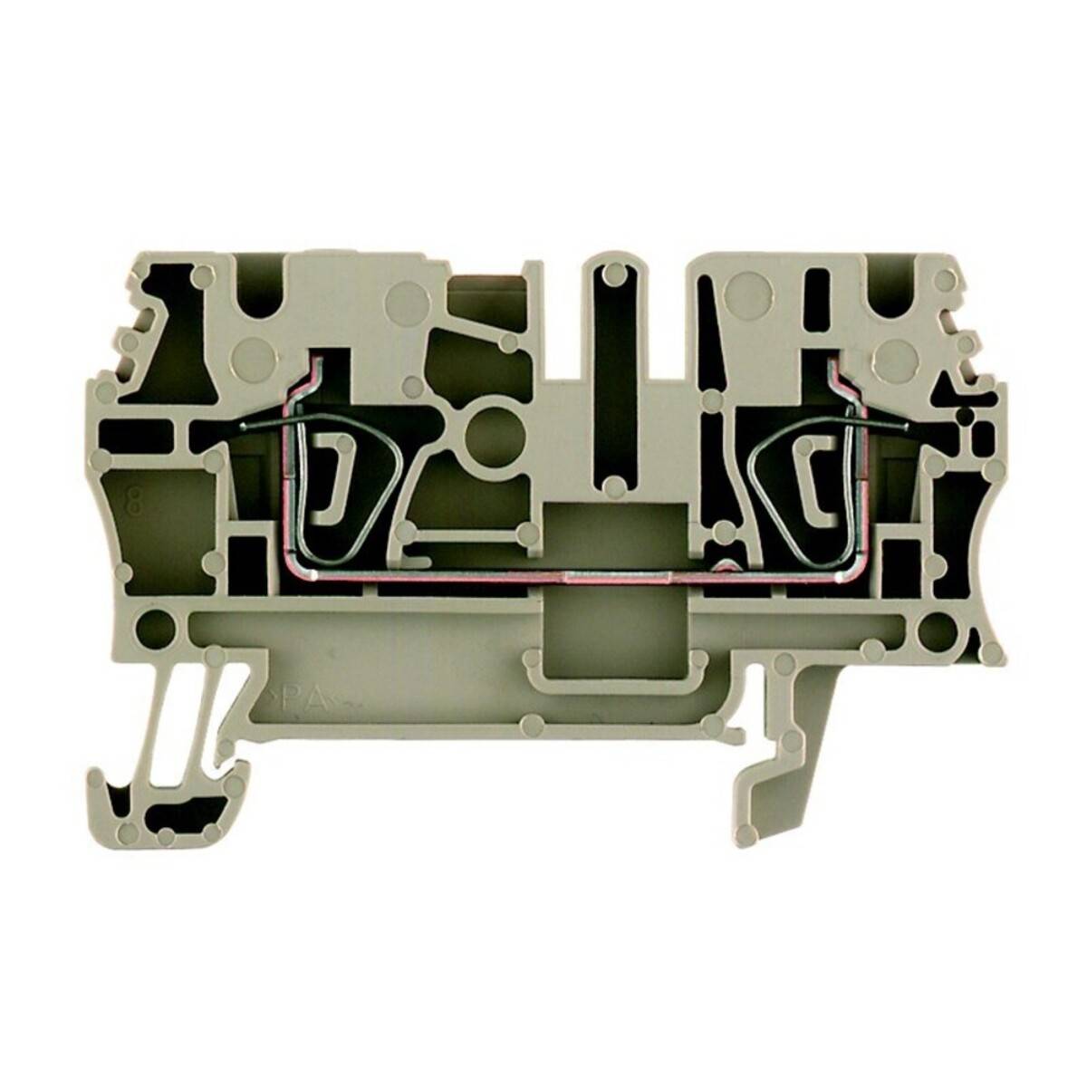 Querschnittsansicht eines Klemmenblockes mit internen Verdrahtungswegen und Anschlusspunkten.