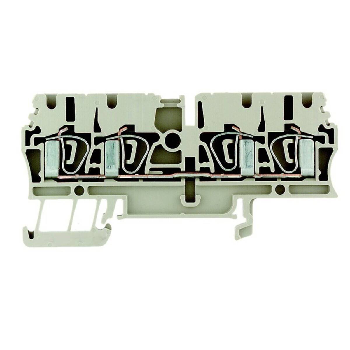 Nahaufnahme eines zweistufigen Elektro-Klemmenblocks mit sichtbaren Verdrahtungsanschlusspunkten, die seine interne Struktur und Komponenten präsentiert.