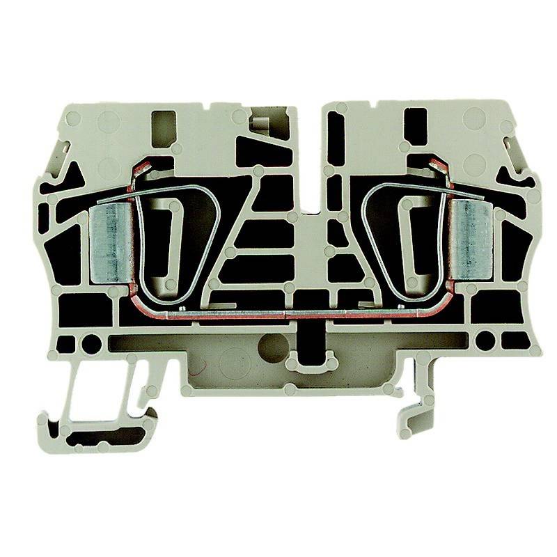 Eine Querschnittsansicht eines elektrischen Klemmenblockes, die die internen Metallverbinder und die Isolationsstruktur zeigt, die für Verdrahtungsverbindungen verwendet wird.