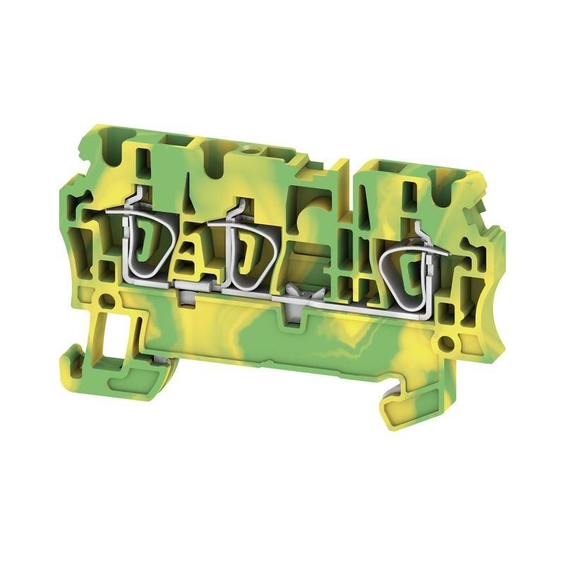 Ein grün und gelb getarnter Terminalblock mit sichtbaren Metallverbindungen, verwendet für elektrische Verkabelung.