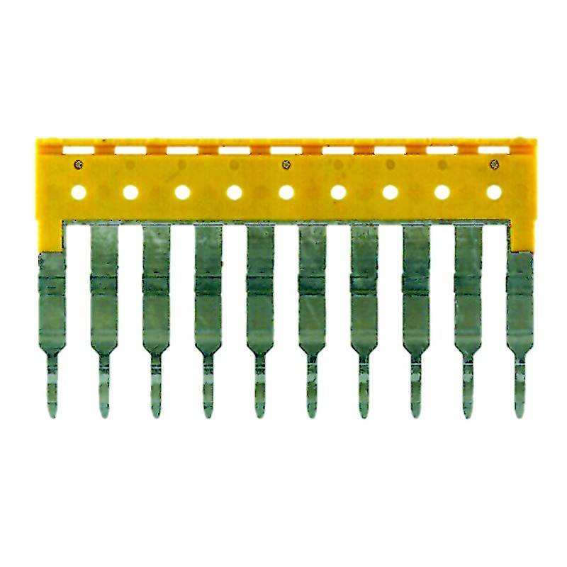 Ein gelber und silberner Metallverbinder mit mehreren Kontakten für Elektronik, in einer einzelnen Reihe angeordnet.