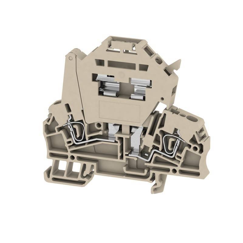 Ein beiger Elektro-Klemmenblock mit mehreren Anschlusspunkten und modularer Bauweise, der zur Organisation elektrischer Schaltkreise verwendet wird.