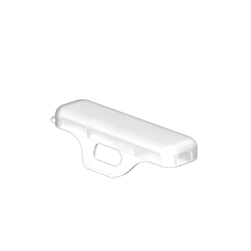 Ein weißes Kunststoff-Objekt in Haken- oder Klemmform, wahrscheinlich eine Klammer oder einen Kleiderbügel darstellend, wird auf einem einfarbigen Hintergrund gezeigt.