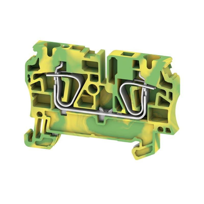Ein grüner und gelber Klemmenblock mit einer Federklemme, der zur Befestigung von elektrischen Leitungen in industriellen und residenziellen Anwendungen verwendet wird.
