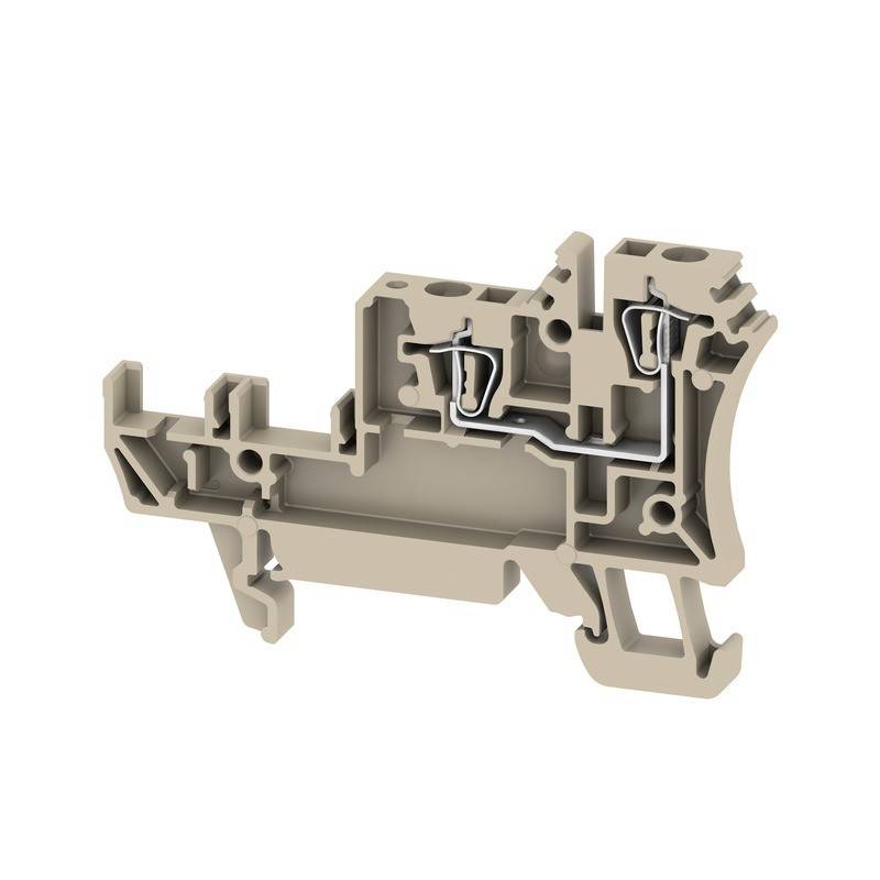 „Querschnitt eines beigen elektrischen Anschlussklemmenblocks mit sichtbaren internen Metallverbindungen, der dessen Design und Funktionalität veranschaulicht.