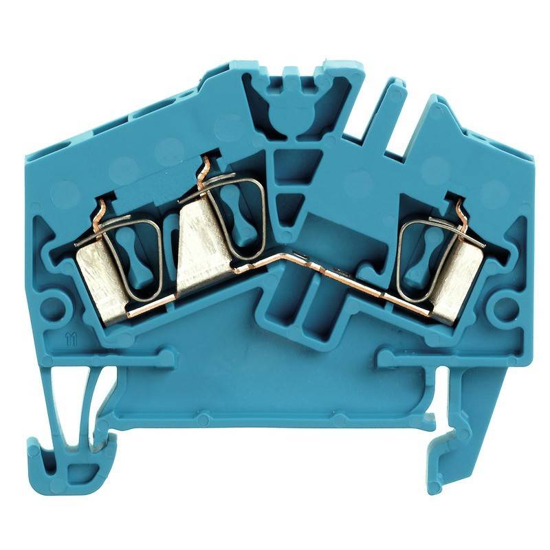 Querschnitt eines blauen elektrischen Klemmenblocks, der die internen Metallverbinder und die Isolationsgestaltung zeigt.