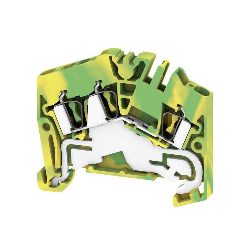 Ein grüner und gelber Klemmenblock aus Kunststoff mit Metallverbindern, der für elektrische Verbindungen in industriellen oder kommerziellen Umgebungen verwendet wird.