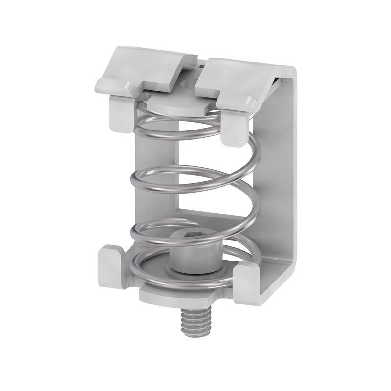 Eine Metallfeder, die in einem rechteckigen grauen Halter eingebettet ist, mit einer Gewindeschraube am unteren Ende, höchstwahrscheinlich eine mechanische oder industrielle Komponente.