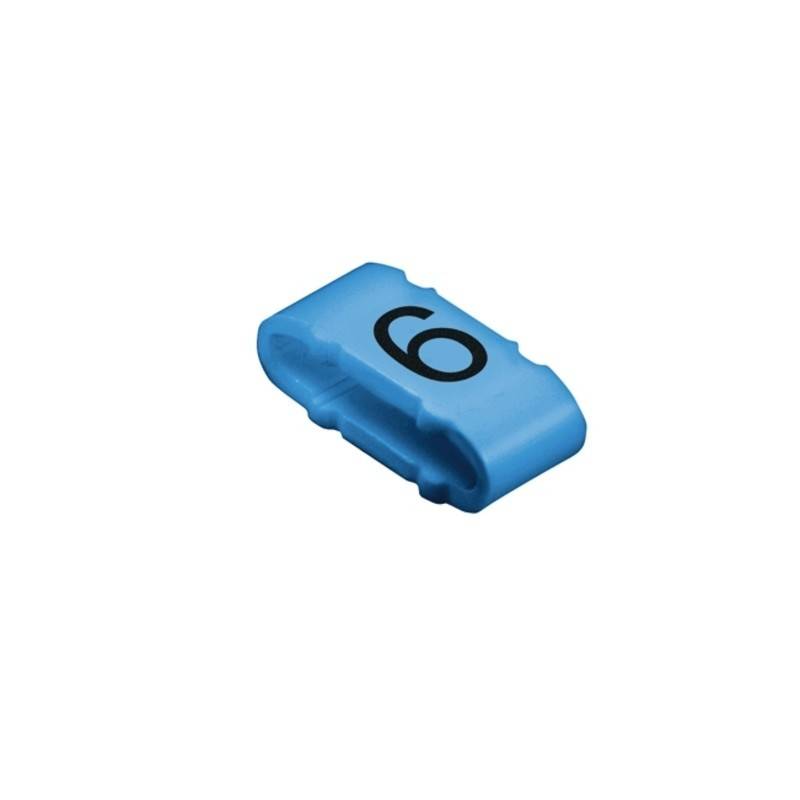 Ein kleiner blauer Plastikclip, der auf seiner Oberfläche mit der Zahl '6' in Schwarz beschriftet ist, aus einem Winkel betrachtet, der sein Seitenprofil zeigt.