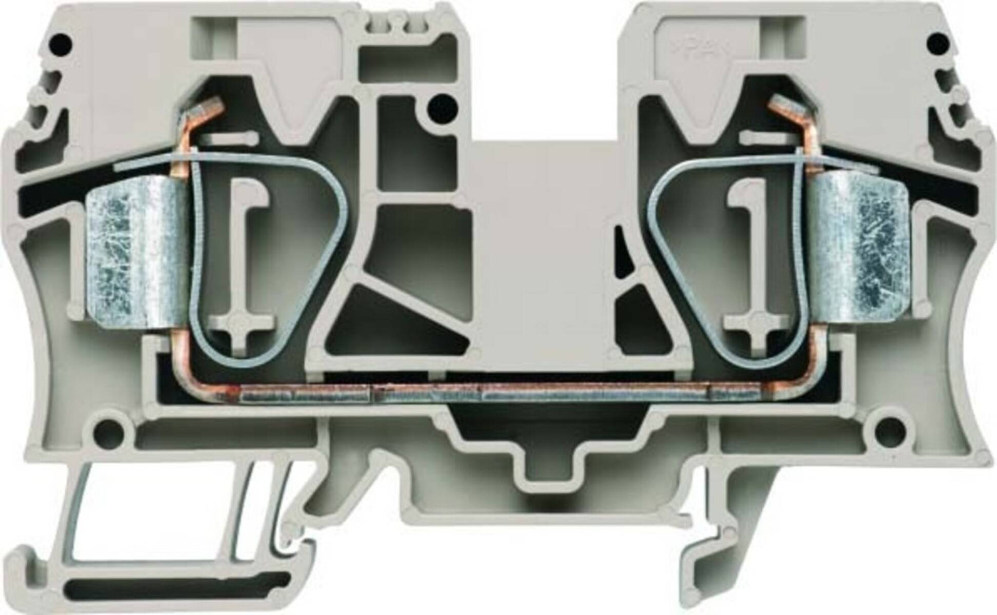 Eine Nahaufnahme eines grauen elektrischen DIN-Schienenklemmenblocks mit sichtbaren Metallkomponenten und Schlitzen für Drahtverbindungen.