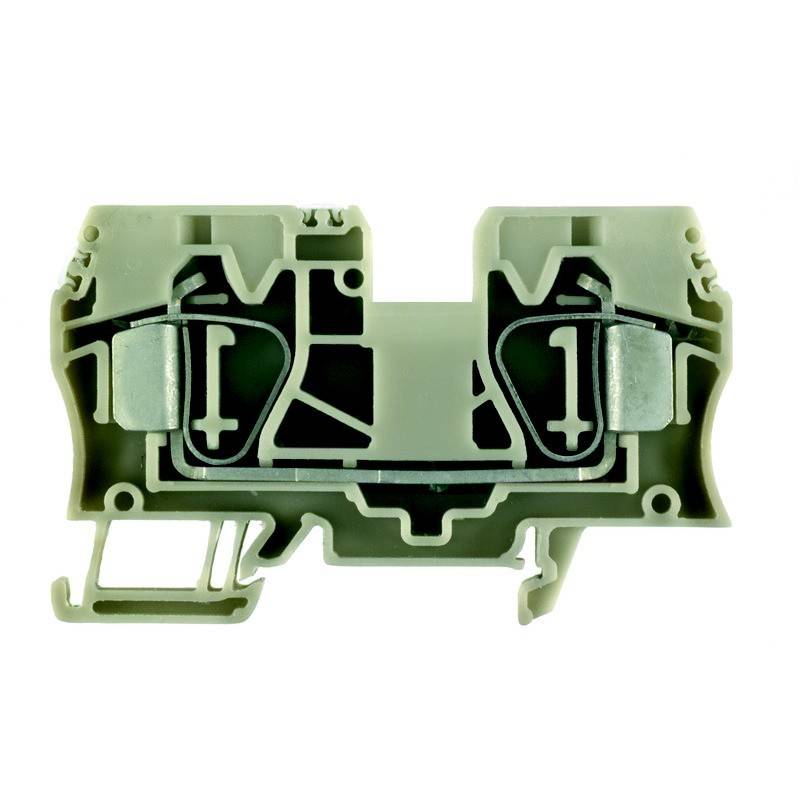 Ein grauer modularer Klemmenblock, der die interne Verdrahtung und Anschlusspunkte für elektrische Schaltkreise zeigt, vor einem weißen Hintergrund isoliert.