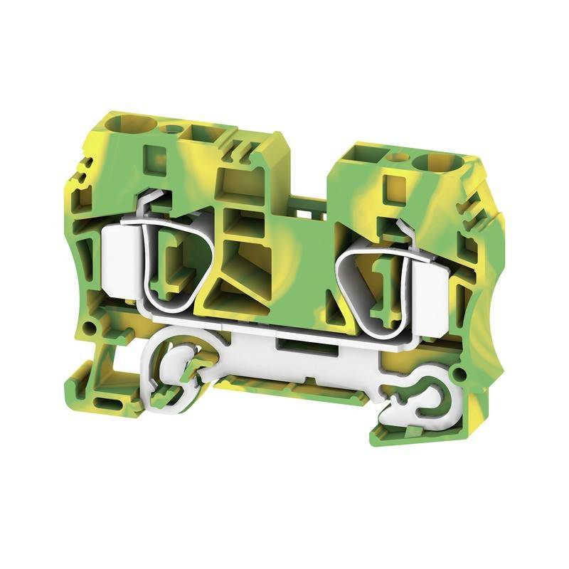 Ein grüner und gelber industrieller Klemmblock mit freiliegenden Metallverbindern, der bei der elektrischen Verkabelung zum sicheren Verbinden von Stromkreisen verwendet wird.