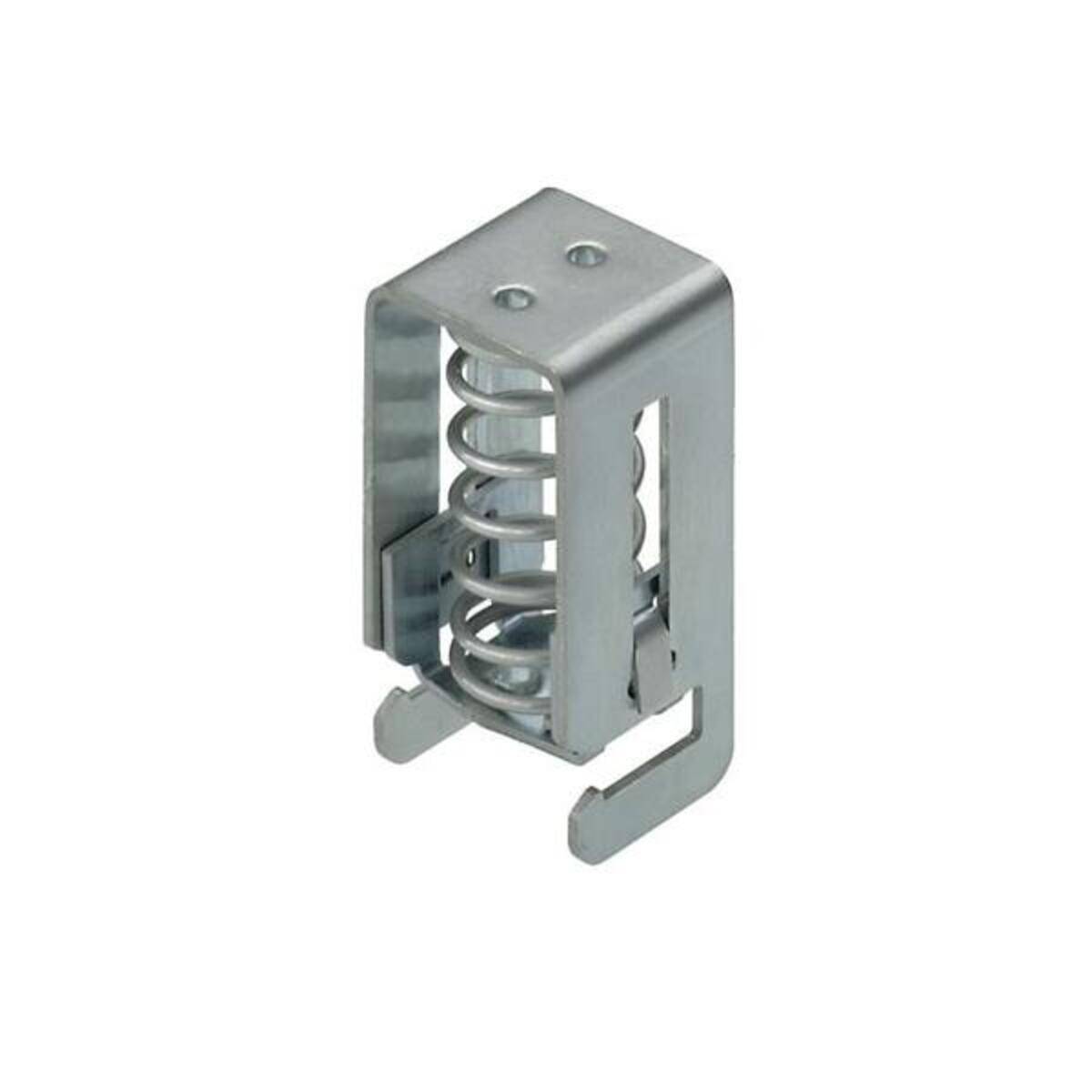 Eine Metallklemme mit Federmechanismus zum Befestigen oder Sichern von Objekten, die einen quadratischen Rahmen und eine zentrale Schraubendruckfeder aufweist.