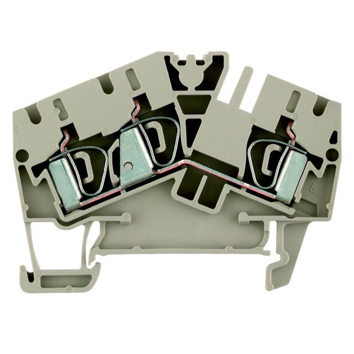 Eine Querschnittsansicht eines zweistufigen Klemmenblockes in grau, die interne Metallverbinder zeigt. Entwickelt zur Organisation elektrischer Verkabelung.