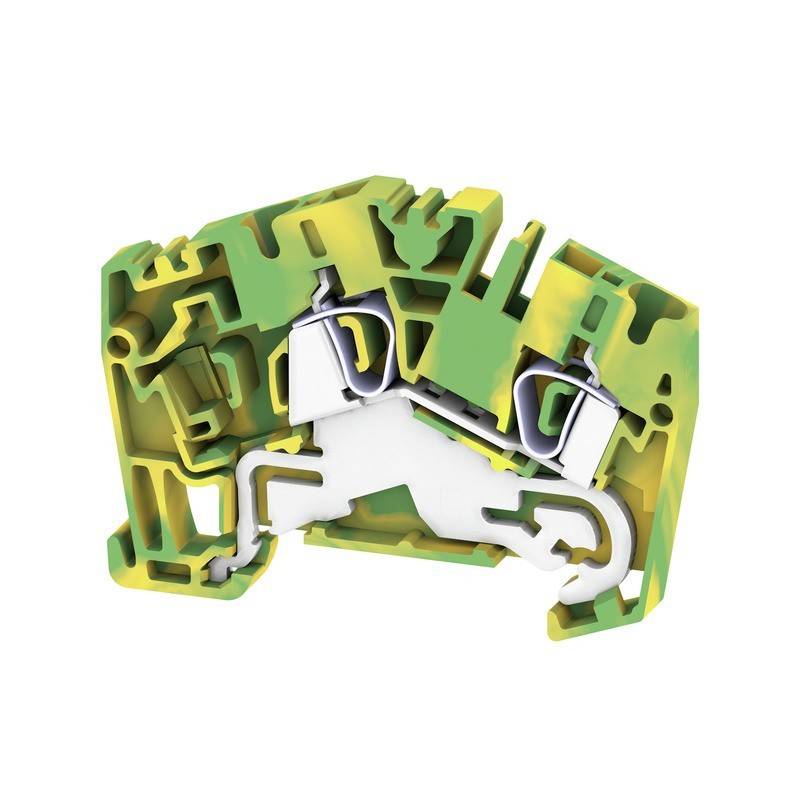 Ein gelber und grüner elektrischer Anschlussklemmenblock mit sichtbaren komplizierten internen Komponenten und Verbindungen, der zum Befestigen und Verbinden von Kabeln verwendet wird.