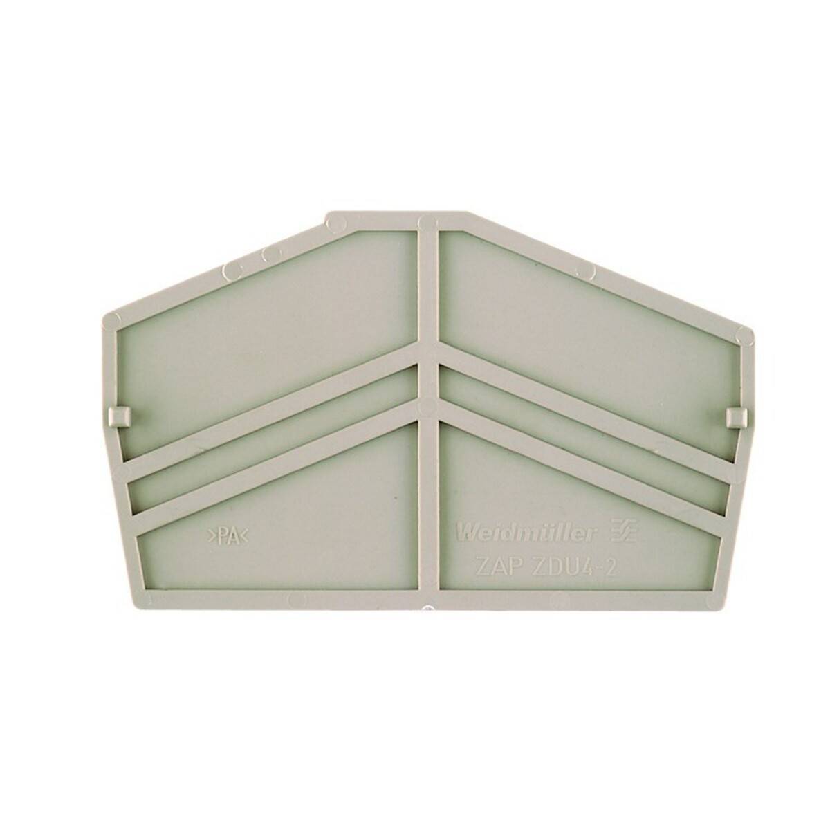 Kunststoff-Endabdeckung für Klemmenblock mit vertikalem Stützmuster, gekennzeichnet als 'Weidmüller ZAP-ADU 4/2', verwendet für elektrische Anschlüsse.