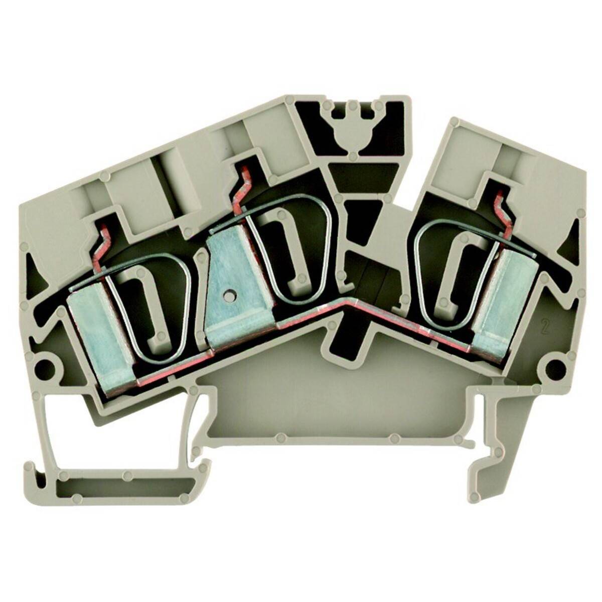 Ein Anschlussblock mit einer internen Seitenansicht, die Metallverbinder und Klemmteile zum Sichern elektrischer Leitungen zeigt.