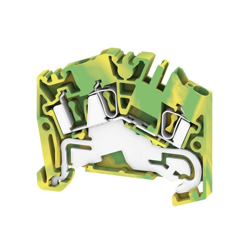 Eine Nahaufnahme eines modularen grün-gelben Klemmenblocks für elektrische Verdrahtung mit kompaktem, verschachteltem Design.