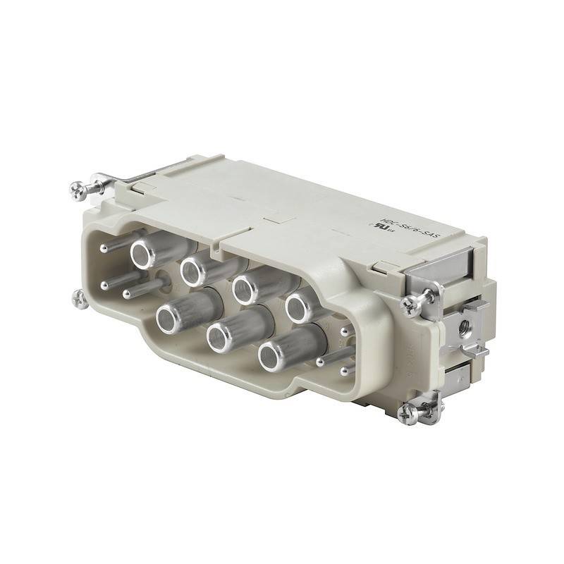 Ein industrieller Mehrpin-Stecker mit einem rechteckigen Gehäuse und sechs kreisrunden Metallstiften; entwickelt für robuste elektrische Verbindungen.