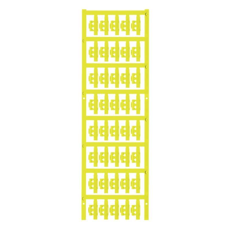 Gelbes gitterartiges Blatt mit wiederkehrenden geometrischen Mustern, ähnlich einem Schablonen- oder Ausschnittdesign.