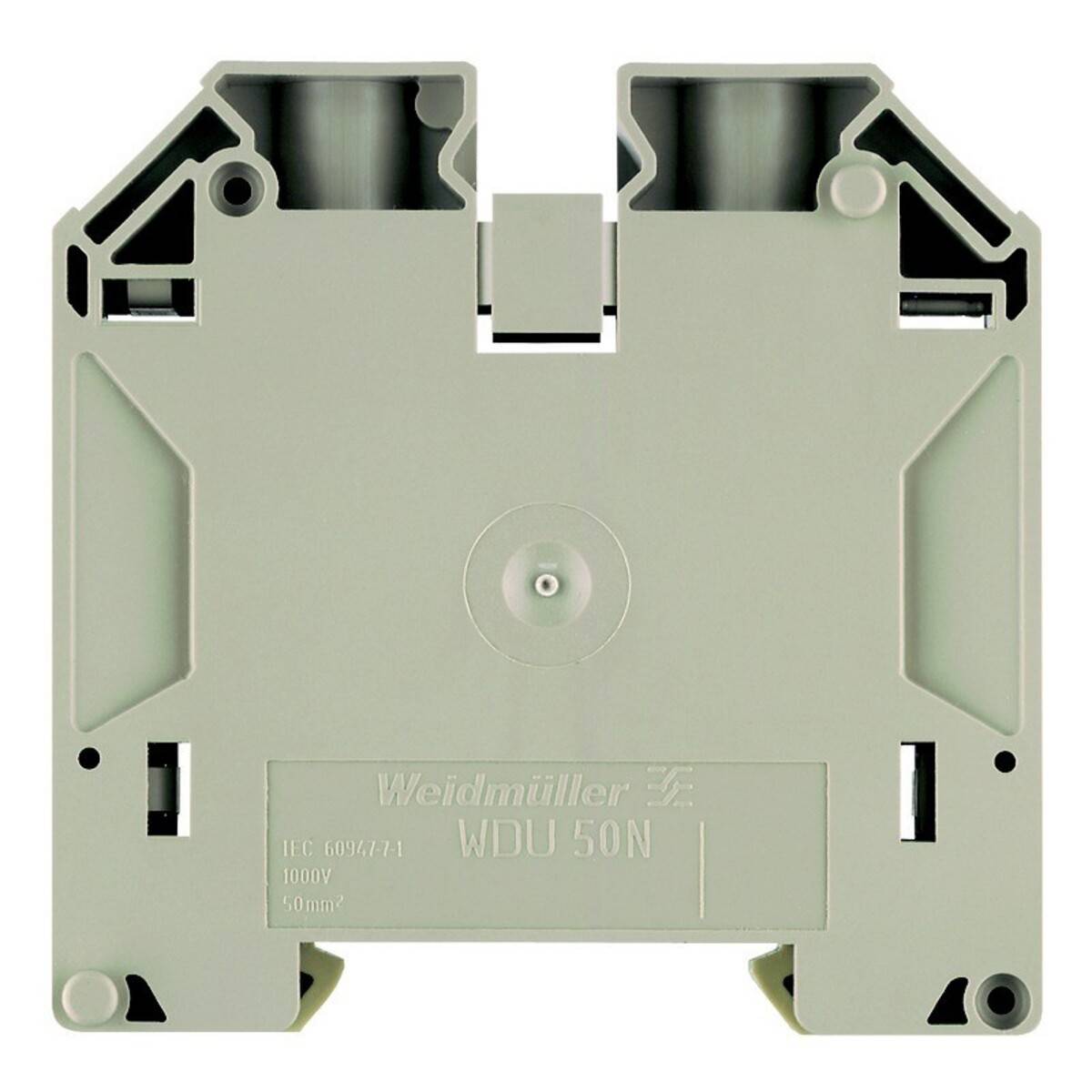 Elektrische Anschlussklemme mit dem Text 'Weidmüller WDU 50N', konzipiert für die Verbindung elektrischer Schaltkreise in Steuerungstafel.