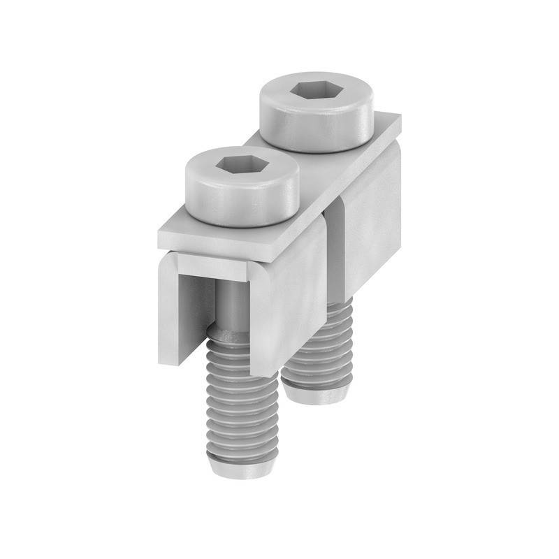 Ein silberner Metall-T-Nut mit zwei Sechskantschrauben und einer Halterung, verwendet zum Befestigen von Komponenten in mechanischen Baugruppen oder Konstruktionen.