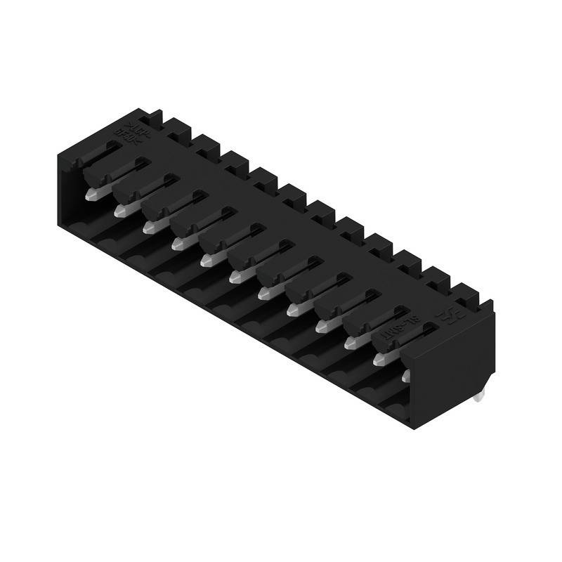 Ein schwarzer 14-poliger Dual-In-Line-Stecker im rechtwinkligen Design; verwendet in elektronischen Schaltkreisen zum Verbinden von Komponenten.