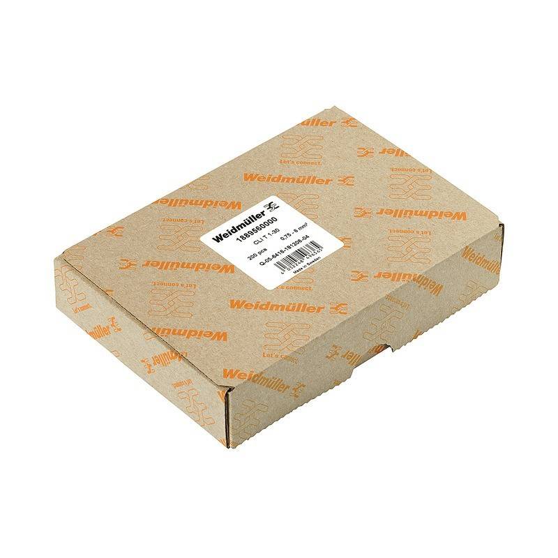 Eine Pappschachtel mit dem Markennamen 'Weidmüller', die auf ihr gedruckt ist, mit einem weißen Etikett, das die Produktdetails und Modellnummer anzeigt.