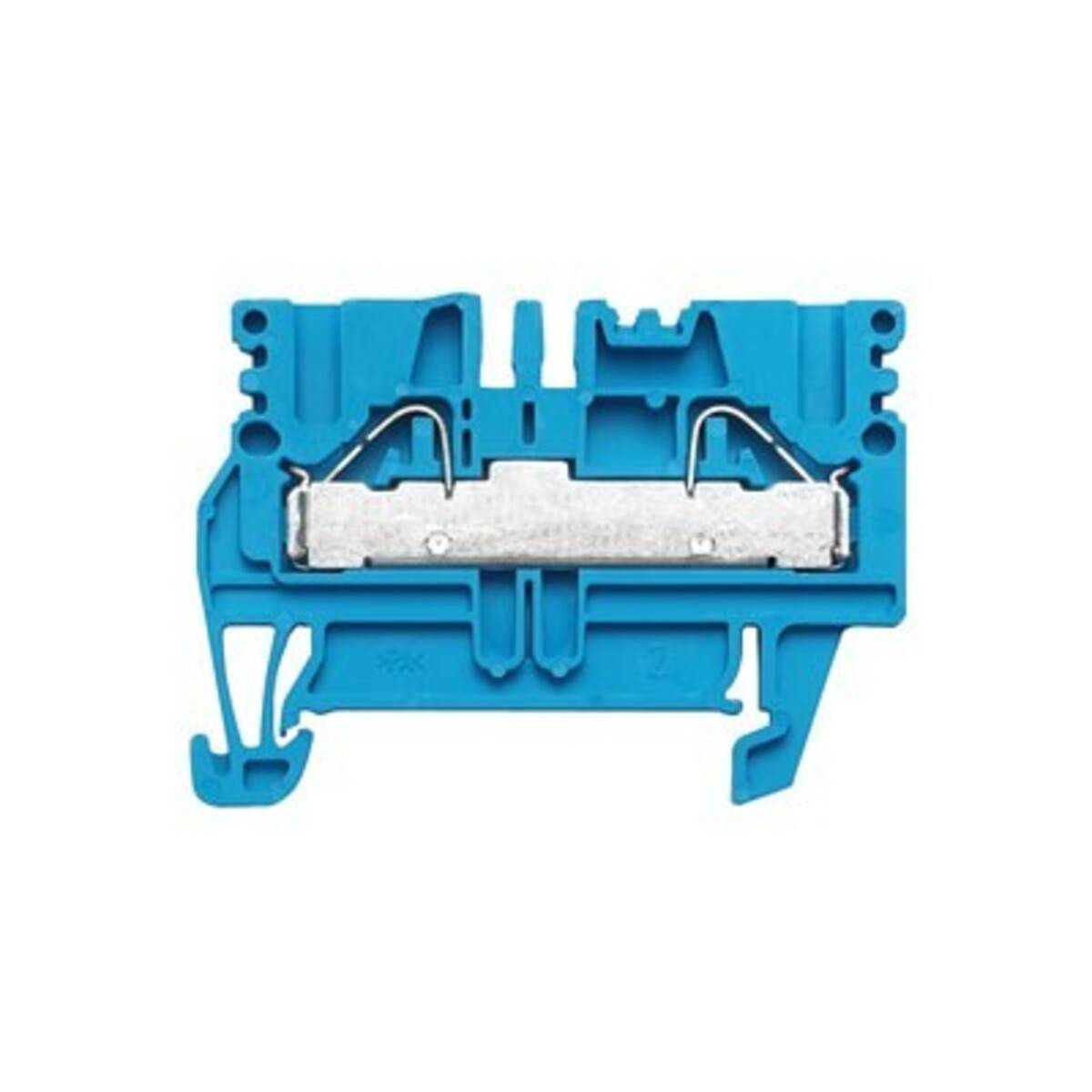 Ein blauer elektrischer Anschlussklemmenblock mit einem metallischen Leiter in der Mitte, entwickelt zum Verbinden und Sichern mehrerer Drähte.