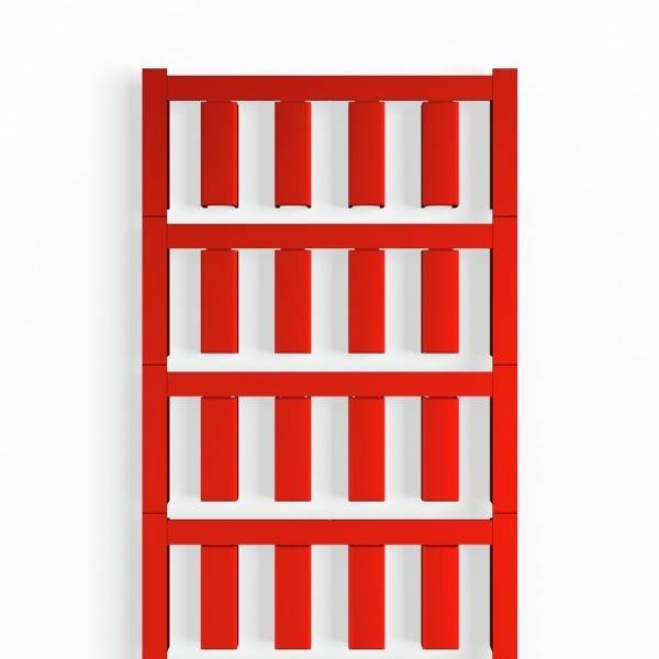 Ein roter, an der Wand montierter Zeitschriftenhalter mit fünf Ablagen, die jeweils rote Trenner zur vertikalen Organisierung von Materialien vor einem weißen Hintergrund enthalten.