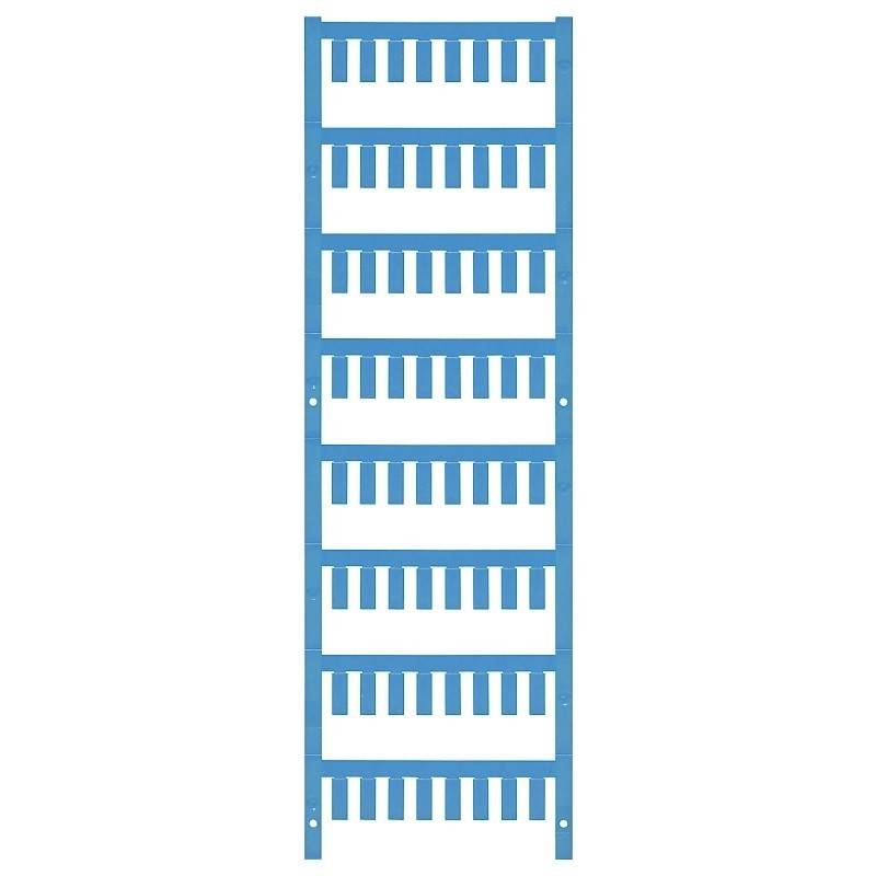 Eine blaue Metallhalterung mit mehreren Schlitzen, die zur Kabelverwaltung verwendet wird. Sie ist vertikal ausgerichtet und zeigt eine Reihe von gleichmäßig verteilten Schlitzen.