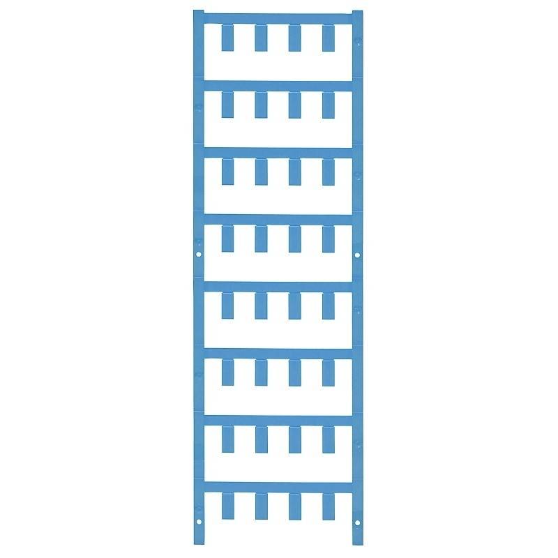 Eine vertikale blaue Leiter mit gleichmäßig angeordneten horizontalen Sprossen und kleinen Haken unter jeder Sprosse zum Aufhängen von Gegenständen.