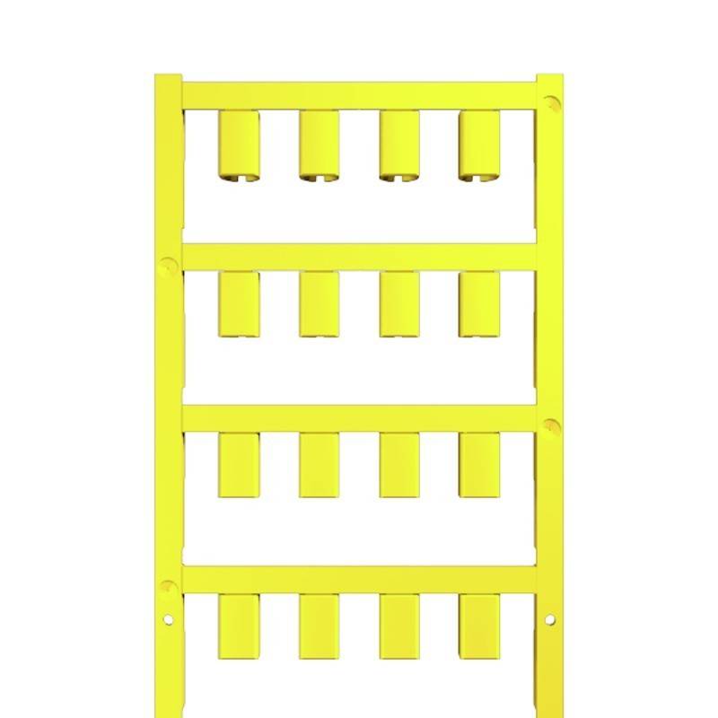 Ein gelber Rahmen mit drei Reihen von gelben zylindrischen Haltern, wobei jeder Halter einen ähnlich gefärbten Zylinder gleichmäßig verteilt hält.