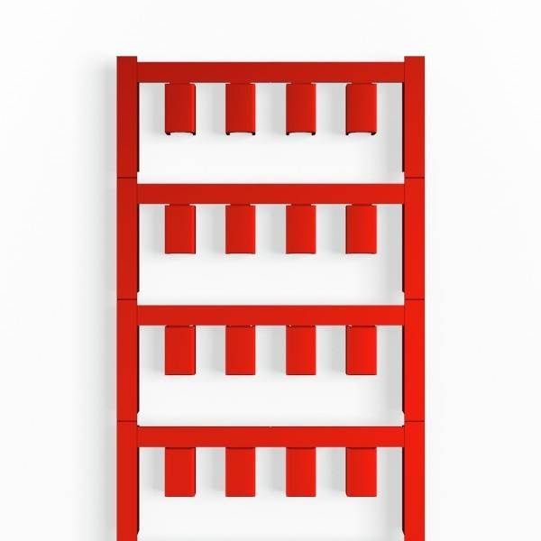 Ein roter, vertikaler Zeitschriftenständer mit vier Reihen, der mehrere Zeitschriften vor einem weißen Hintergrund aufbewahrt.