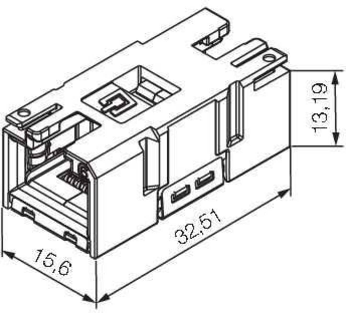 Eine technische Zeichnung eines RJ45-Steckverbinders mit Maßen: Länge 32,51 mm, Höhe 13,19 mm, Breite 15,6 mm.