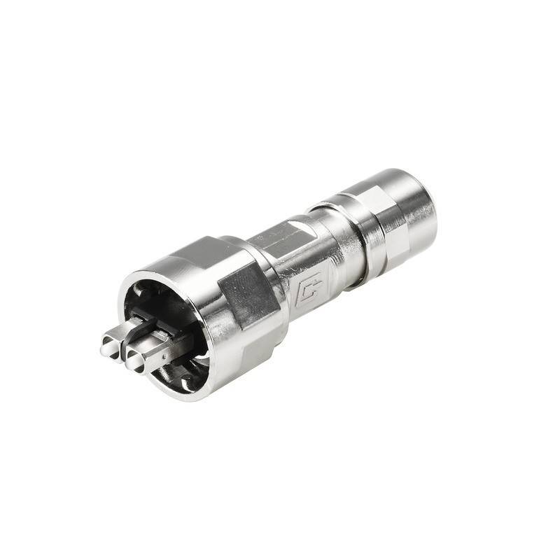 Ein Koaxialkabelstecker aus Metall mit einer glänzend silbernen Oberfläche, entwickelt zum Anschluss von Kabeln an Geräte für die Signalübertragung.