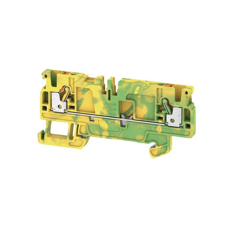 Ein grüner und gelber Klemmenblock für elektrische Verbindungen, ausgestattet mit Metallklemmen und Befestigungspunkten für sichere Befestigung.