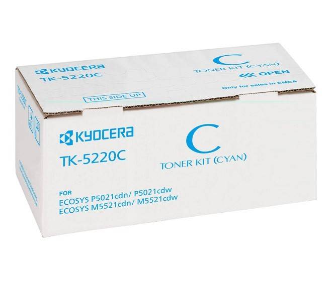 Eine weiße Box mit der Aufschrift 'Kyocera TK-5220C Toner Kit (Cyan)' mit einem blauen 'C' Symbol. Kompatibel mit ECOSYS P5021cdn/P5021cdw, M5521cdn/M5521cdw Druckern.