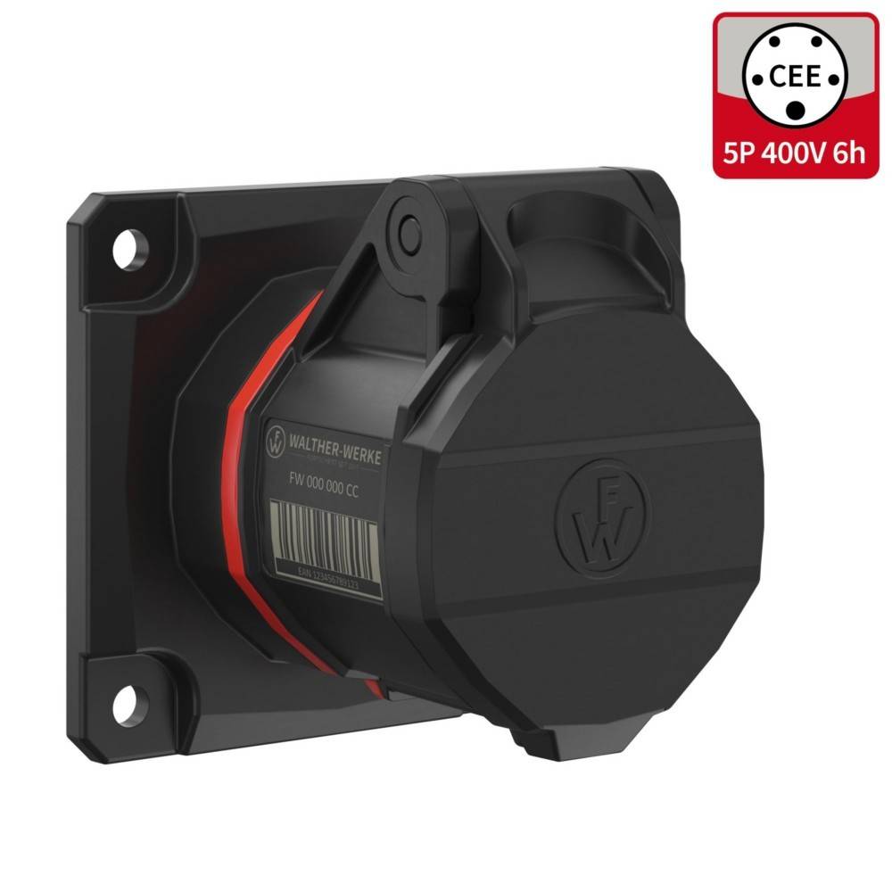 Schwarze industrielle Stromsteckdose mit einem roten Innenring, gekennzeichnet mit CEE 5P 400V 6h, entwickelt für robuste elektrische Verbindungen.