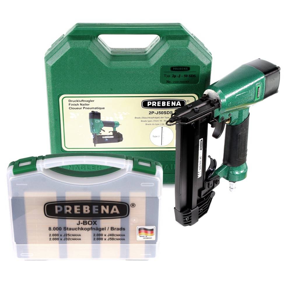 Prebena 2P-J50SDS Luftdruck Druckluftnagler 5-7 bar im Transportkoffer + Prebena J-BOX 8.000 Stauchkopfnägel