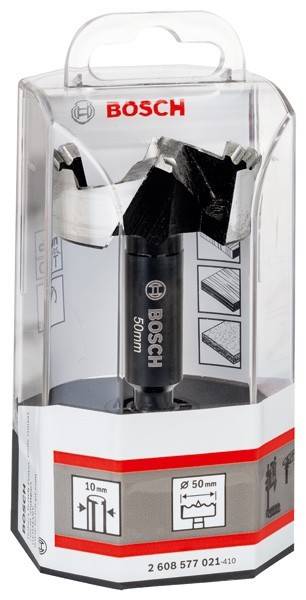 Ein Bosch 50-mm-Bohrer in Verpackung, der sein Design mit scharfen Metallzähnen zeigt, geeignet für Holz und andere Materialien, wie dargestellt.