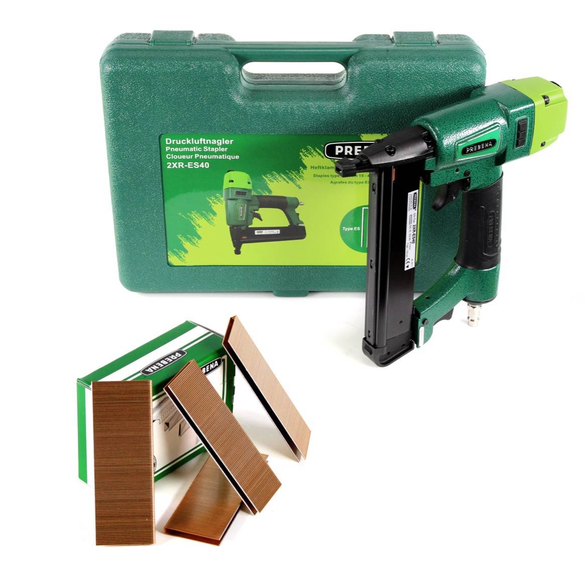 Prebena 2XR-ES40 Klammergerät Druckluft Nagler im Transportkoffer Typ ES + 2600x Prebena ES40CNKHA Heftklammern