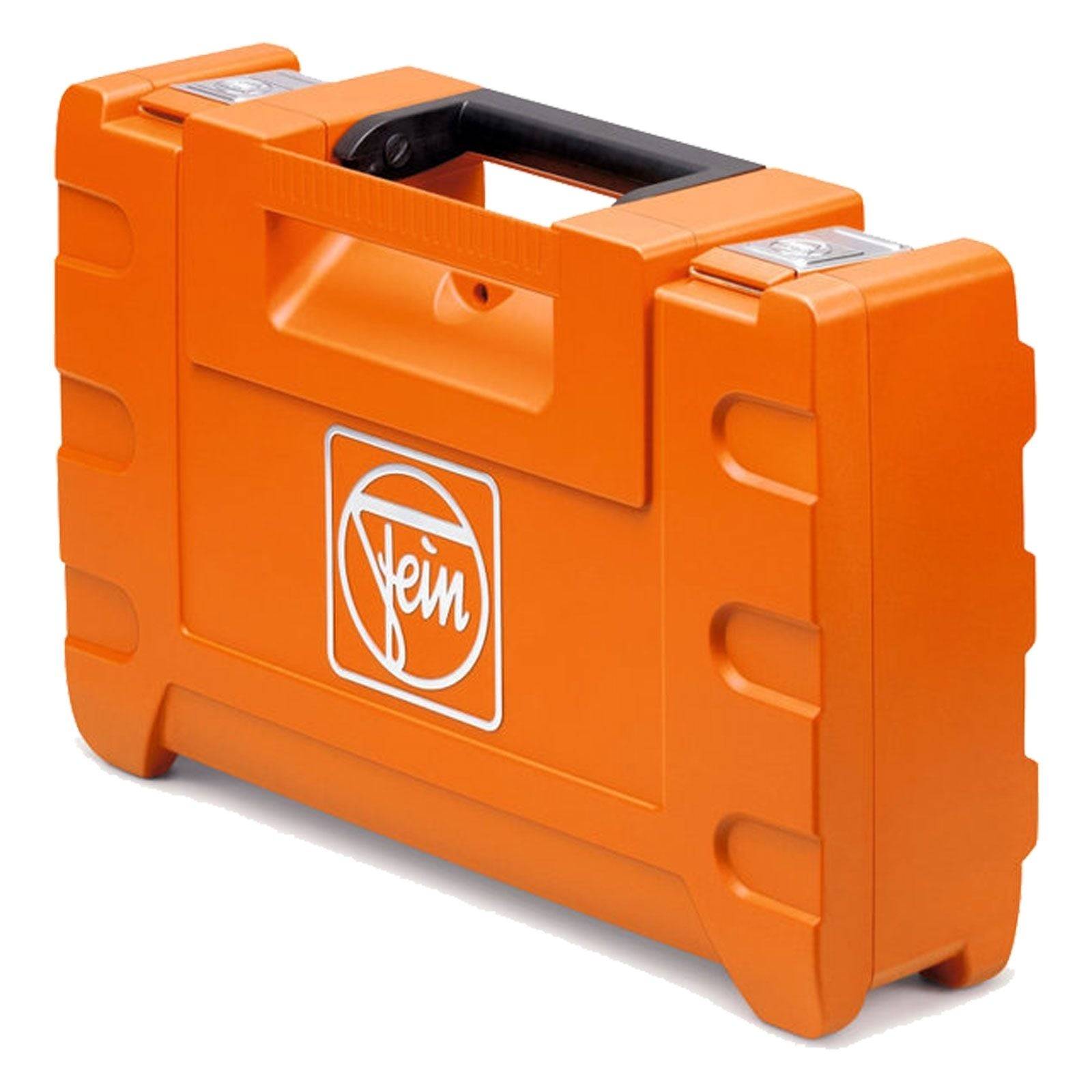Ein orangefarbener, robuster Hartplastik-Werkzeugkoffer mit einem schwarzen Griff, auf dem an der Vorderseite das Logo 'Fein' in Weiß angebracht ist.