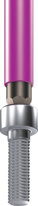Nahaufnahme eines metallischen zylindrischen Objekts mit einer sechseckigen Oberseite und einer rosa Kappe, möglicherweise ein Werkzeug oder eine Maschinenkomponente.
