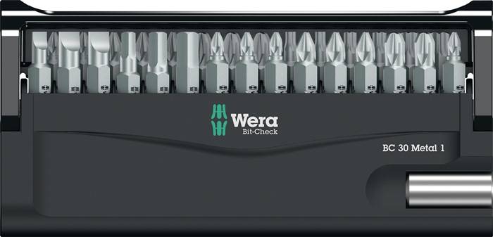 Ein Satz Wera-Schrauberbits in einem kompakten schwarzen Halter, beschriftet mit 'Wera Bit-Check', der verschiedene Bittypen übersichtlich in Reihen angeordnet zeigt.