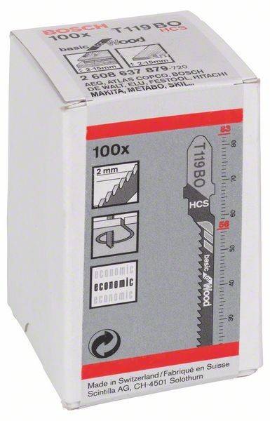 Packung mit 10 T119BO HCS-Stichsägeblättern, geeignet zum Schneiden von weichem Holz. Die Verpackung zeigt ein gezacktes Sägeblattbild und eine '100 mm'-Beschriftung.