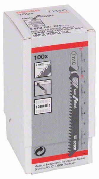 Verpackung von Bosch T111C Stichsägeblättern für Holz, 100 Blätter, 3mm Zahndesign. Enthält Produktbilder und Spezifikationen.