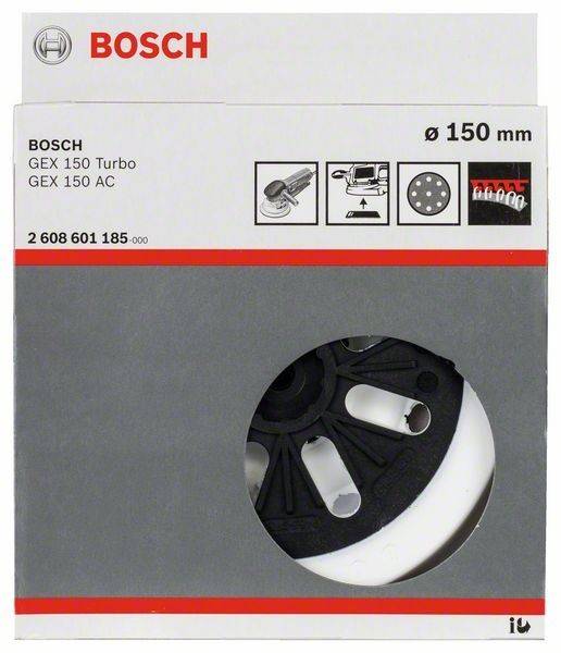 Bosch GEX 150 Turbo Verpackung mit einer Schleifscheibe mit 150 mm Durchmesser und Produktdetails für die Modelle GEX 150 Turbo und GEX 150 AC.