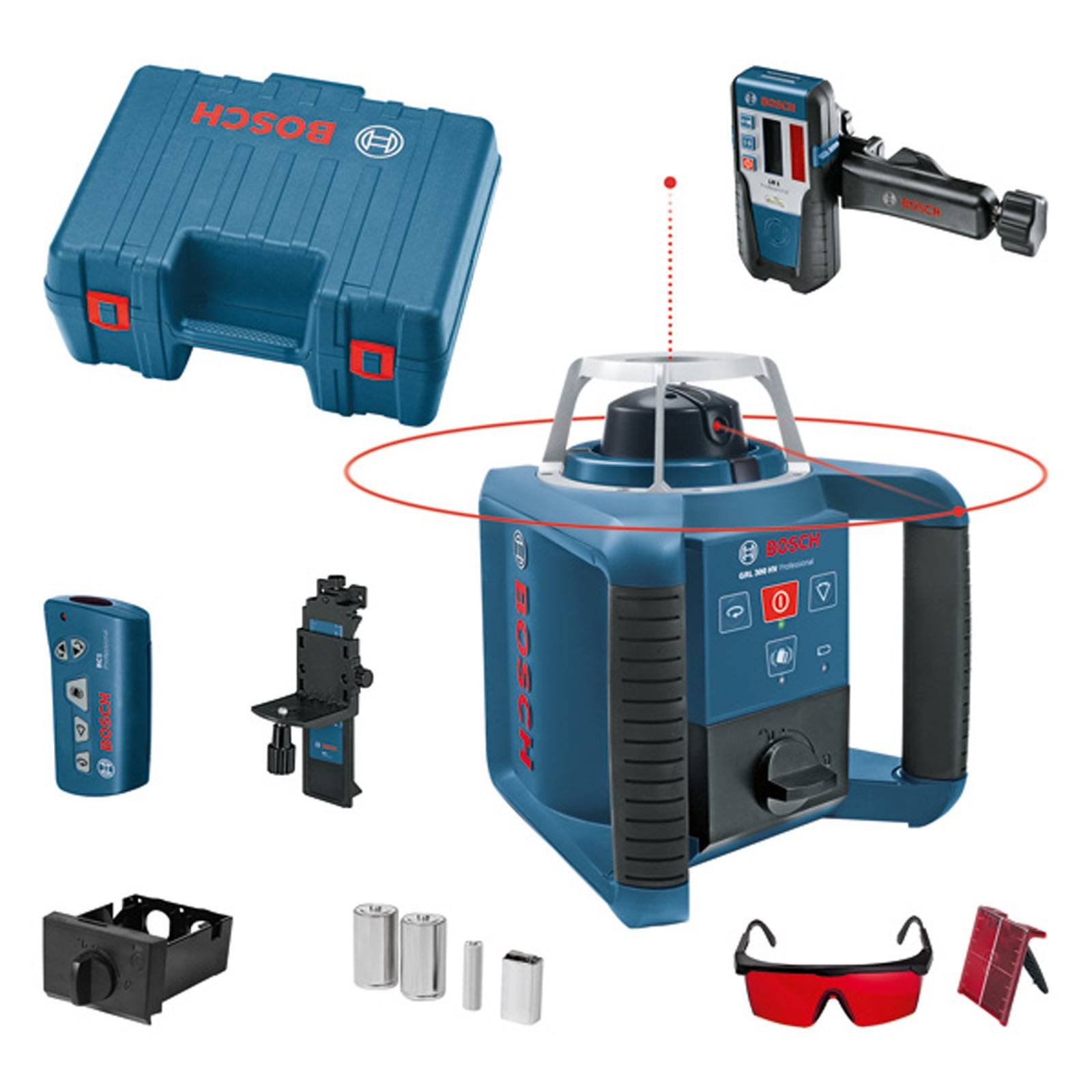 Bosch Profi-Rotationslaser-Set mit Transportkoffer, Laserdetektor, Wandhalterung und rote Laserschutzbrille in einer Anordnung dargestellt.